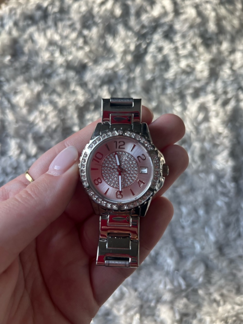 Guess Silver-Tone Watch with Pink Crystal Dial